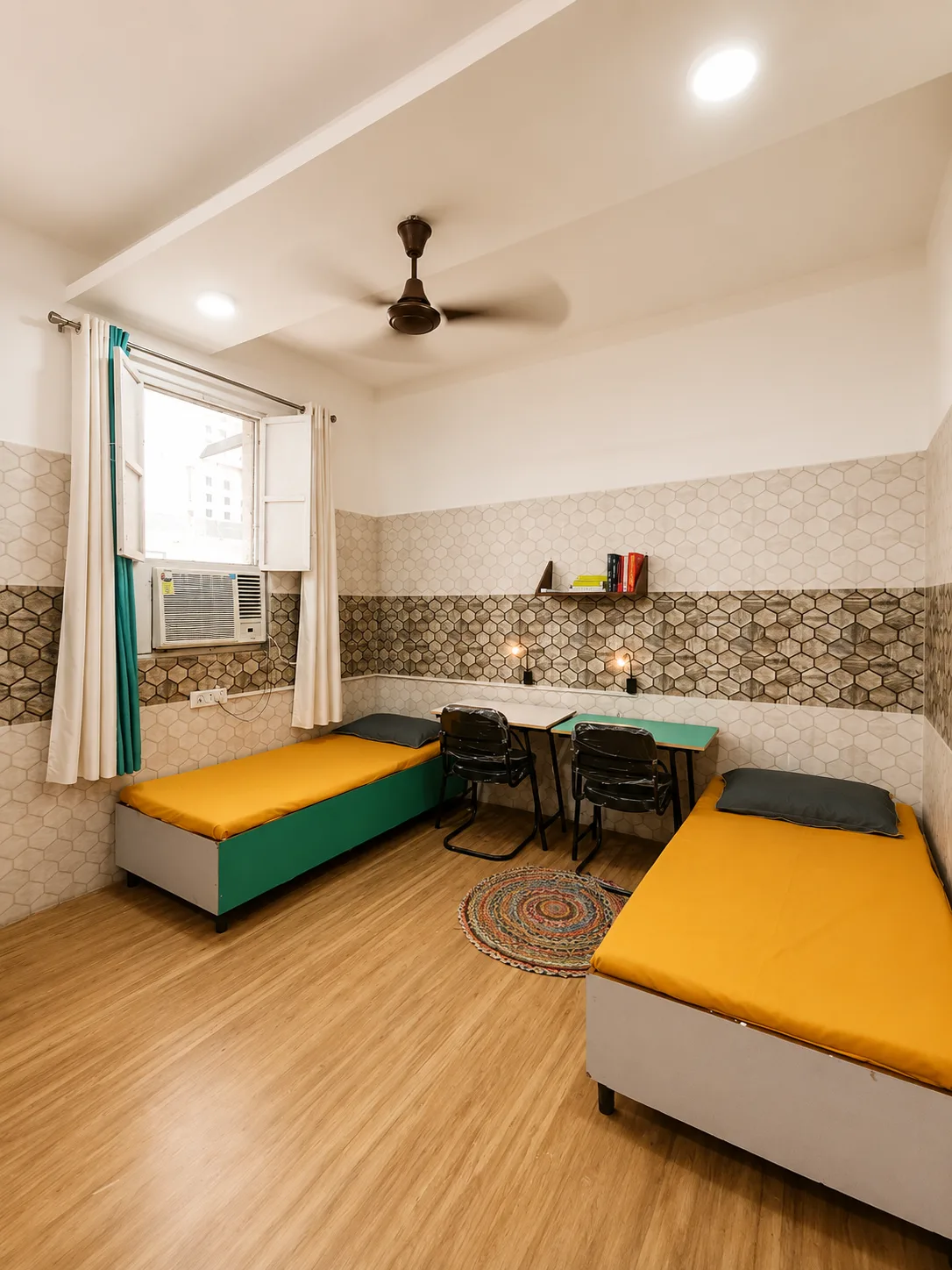 Double sharing room at Duhomes boys PG with window open and AC unit visible