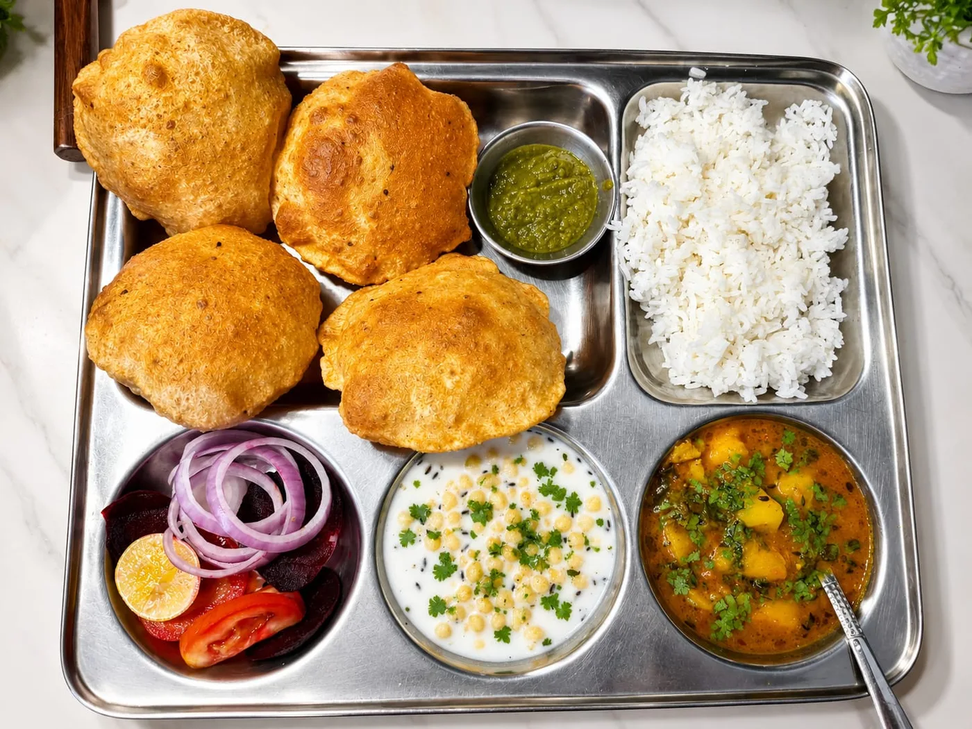 Home-cooked vegetarian puri thali at Duhomes boys PG Kamla Nagar, served fresh every day