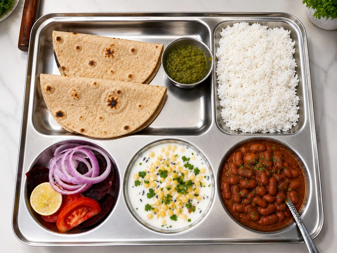 Home-cooked vegetarian roti thali at Duhomes boys PG Kamla Nagar, rajma, raita and salad