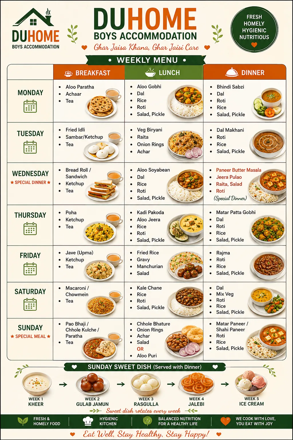 Weekly food menu at Duhomes boys PG Kamla Nagar, breakfast, lunch and dinner for every day of the week